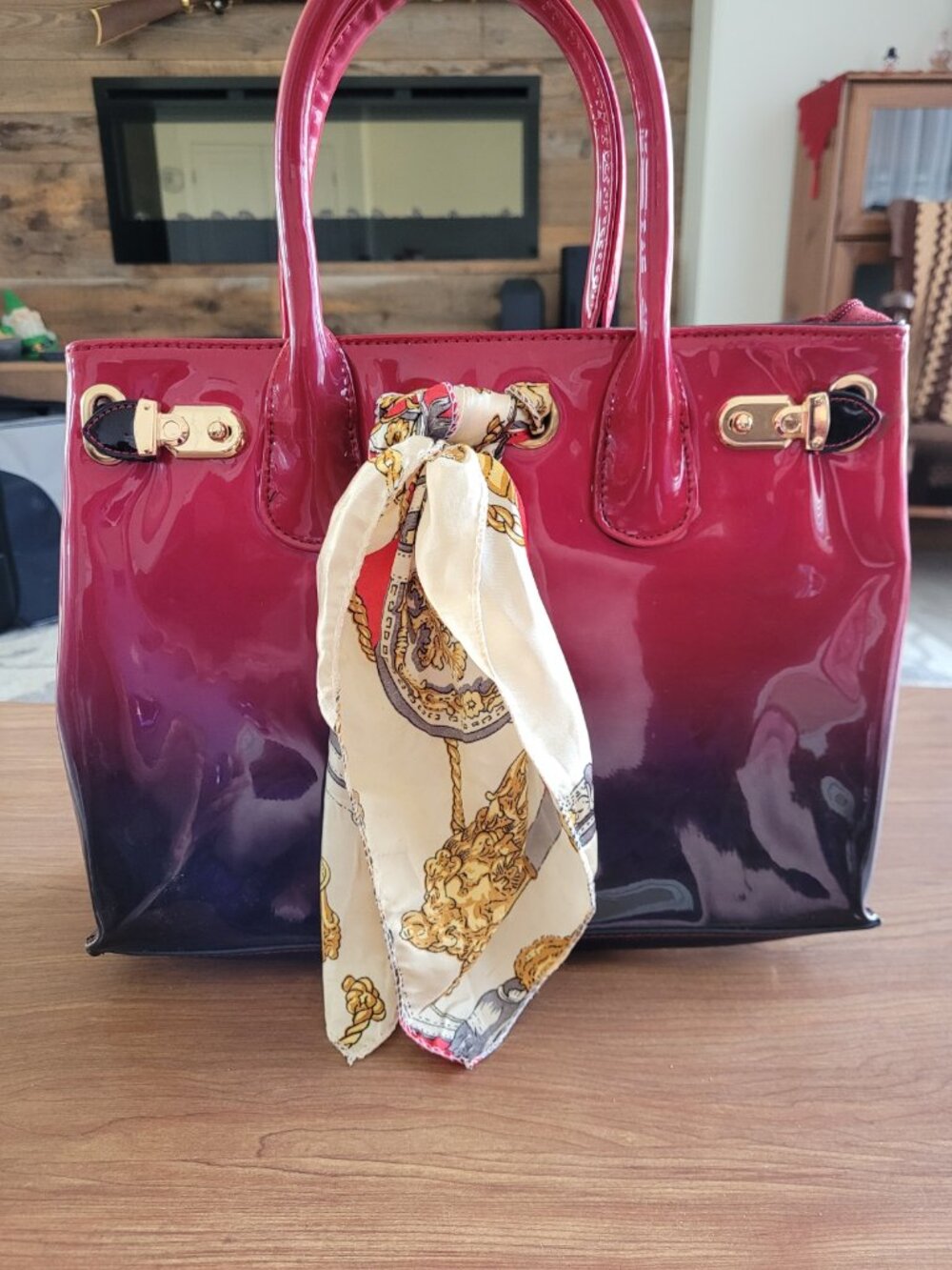 Scarleton Burgundy Gradient Patent Shoulder Bag with Gold Hardware
